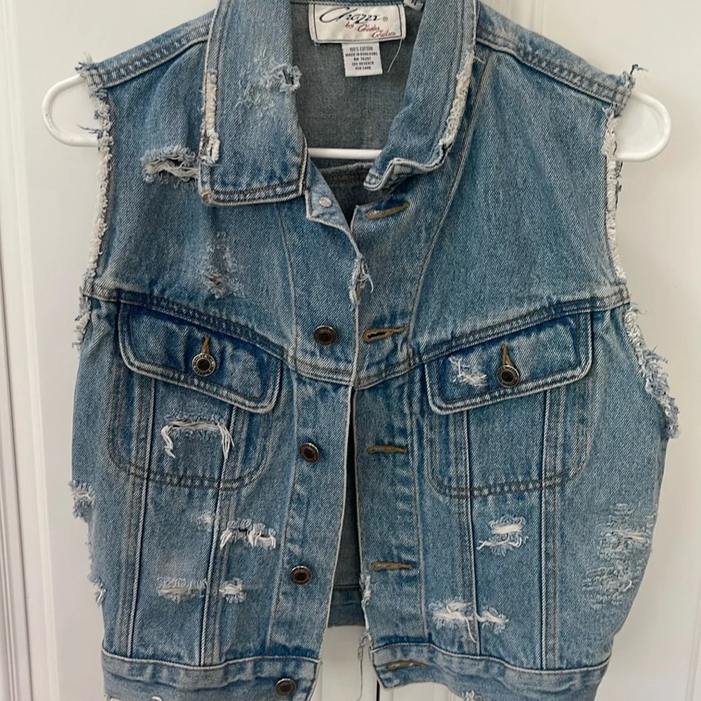 Vintage 90s Y2K Chazzz by Charles Ghailian Distressed blue Denim Vest Sz M - Picture 12 of 16